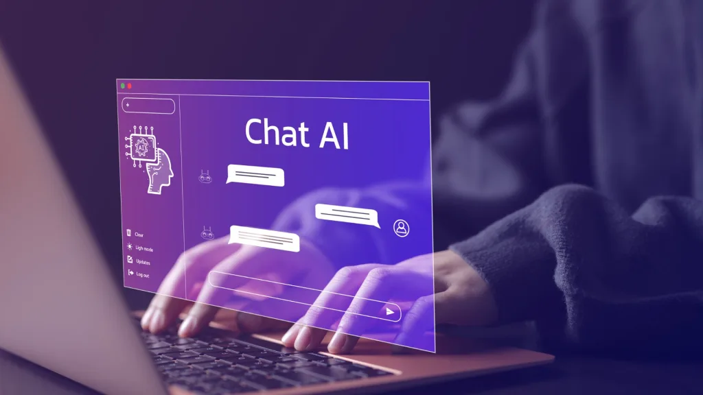 ノートパソコンを操作する児童と、その画面上に浮き上がって表示されている「Chat AI」のインターフェース