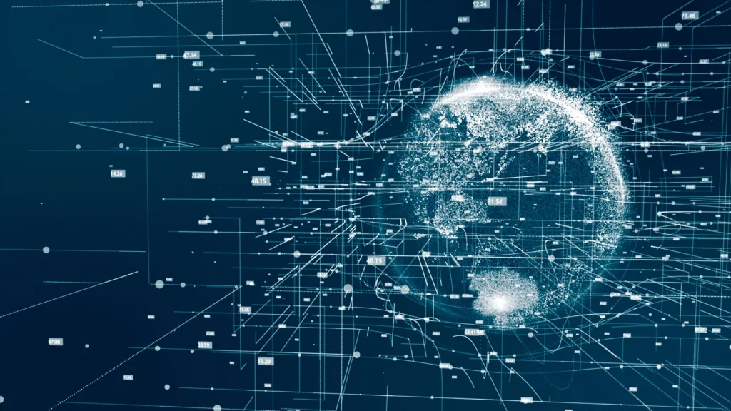 無数のデータと線で構成された、デジタルの地球儀のAI(人工知能)のイラスト
