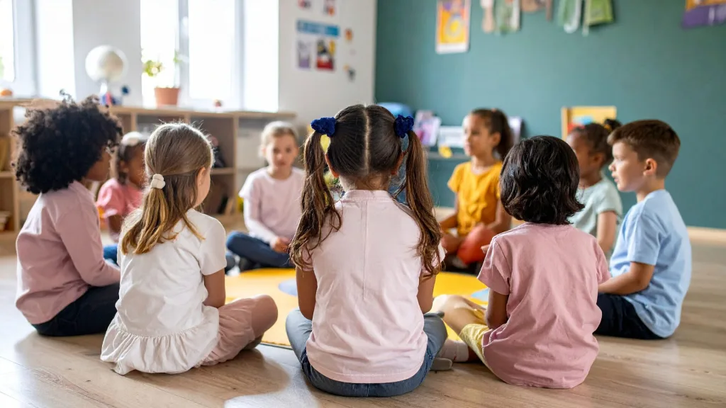 教室の床に、多様な人種の子供たちが輪になって座っている後ろ姿